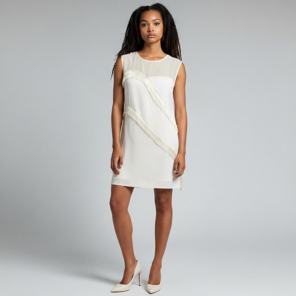 Sandro Paris Roseda Fringe Trim Shift Mini Dress Ivory Size 1 Small
